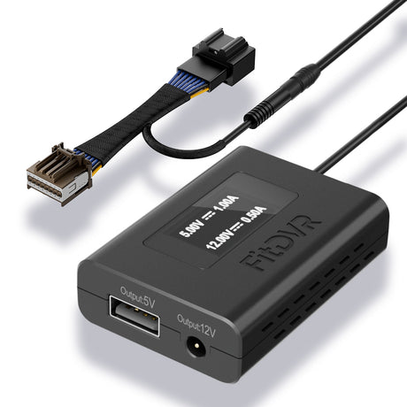 A black FitDVR dash cam power adapter with an LED display, multiple cables including a USB and a DC3.5mm, and a plastic tool for installation.