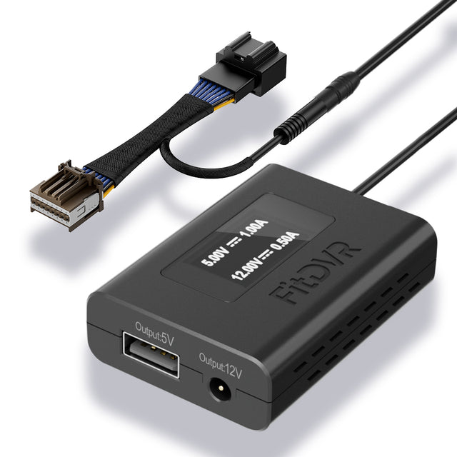 A black FitDVR dash cam power adapter with an LED display, multiple cables including a USB and a DC3.5mm, and a plastic tool for installation.