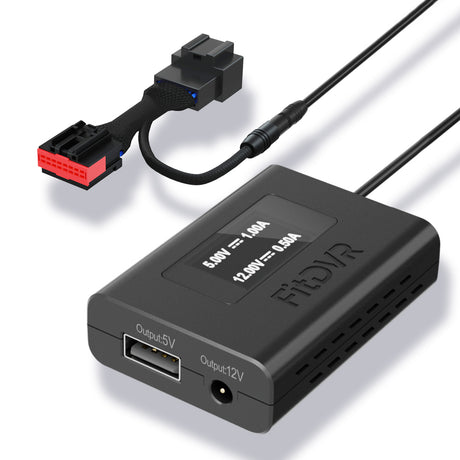 FitDVR Power adapter, Black electronic device with multiple ports and cables on a white background
