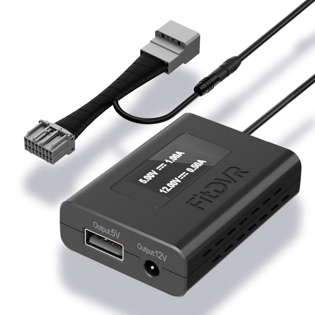 A black dash cam power adapter with 16-pin connector designed for specific car brands, accompanied by various cables including USB and DC3.5mm.