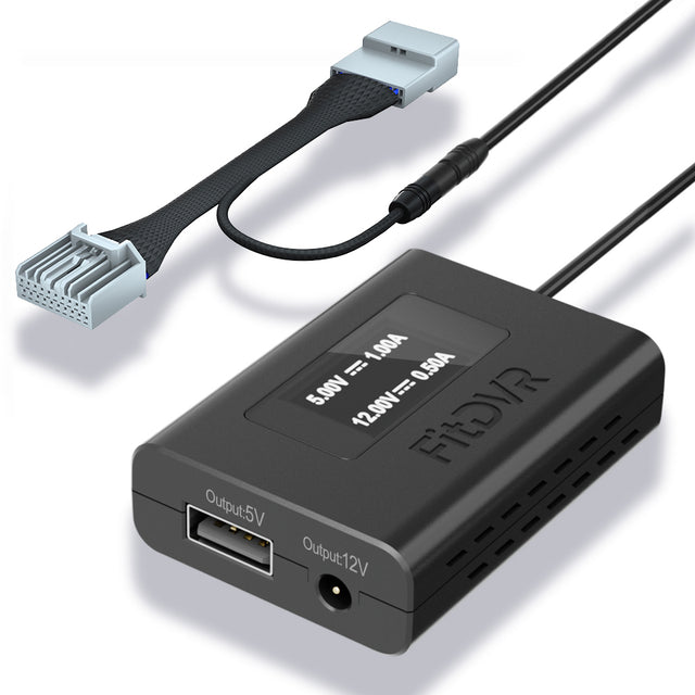A black FitDVR dash cam power adapter with an LED display, multiple cable outputs including USB and DC3.5mm, and a plastic tool for installation.