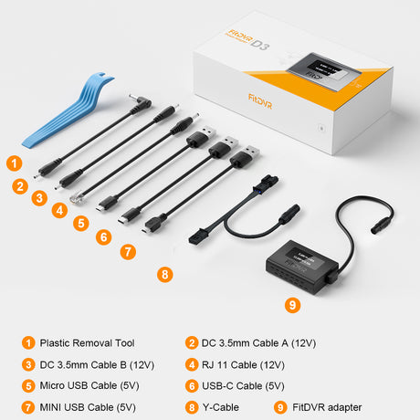 FIDVR product set with various cables and adapter on a white background