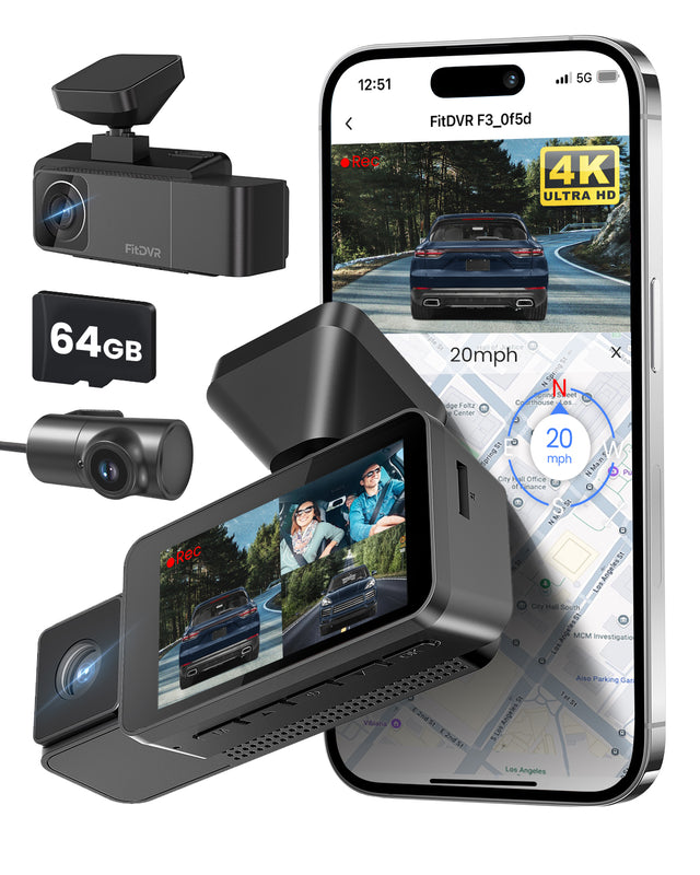 FitDVR 4K 3-Channel Dash Cam with front and rear cameras, built-in Wi-Fi, and a 64GB card, displayed alongside its mobile app interface showing video recording features.