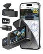 FitDVR 4K 3-Channel Dash Cam with front and rear cameras, built-in Wi-Fi, and a 64GB card, displayed alongside its mobile app interface showing video recording features.