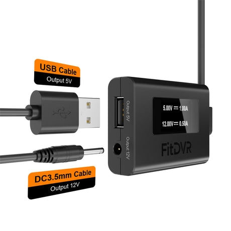 FitDVR device's two outputs with USB and DC3.5mm cable