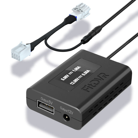 FitDVR power adapter with multiple outputs and connectors on a white background