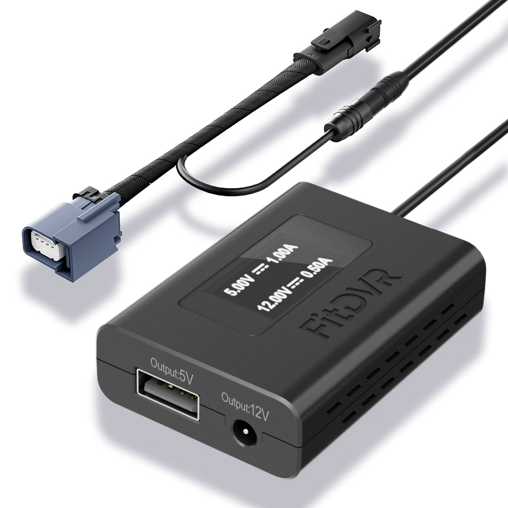 Black fitdvr power adapter with multiple output ports on a white background, with 4-pin connector to fit Jeep models with auto-dimming rearview mirror