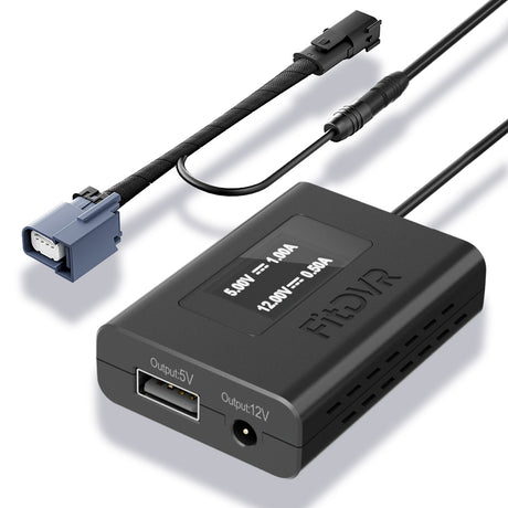 Black fitdvr power adapter with multiple output ports on a white background, with 4-pin connector to fit Jeep models with auto-dimming rearview mirror