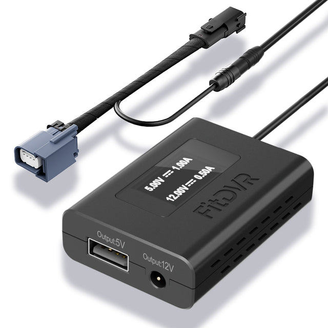 Black fitdvr power adapter with multiple output ports on a white background, with 4-pin connector to fit Jeep models with auto-dimming rearview mirror