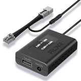 Black electronic power adapter with connectors on a white background