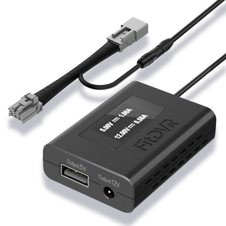 Black electronic power adapter with connectors on a white background