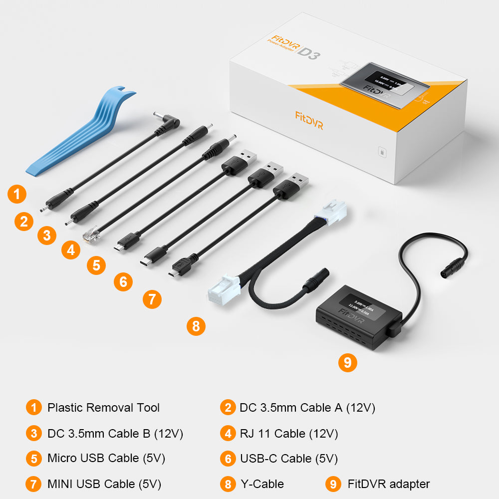 a photo shows that FitDVR power adapter's pacakge includes different kinds of cables