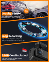 Showcasing Fitdvr 3 Channel dashcam has Gravity Sensor and Loop Recording and also have 64GB Memory Card included