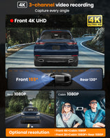 FitDVR 3 channel dashcam with high resolution, front 4K+Cabin 1080P+Rear 1080P. Recording every angle.