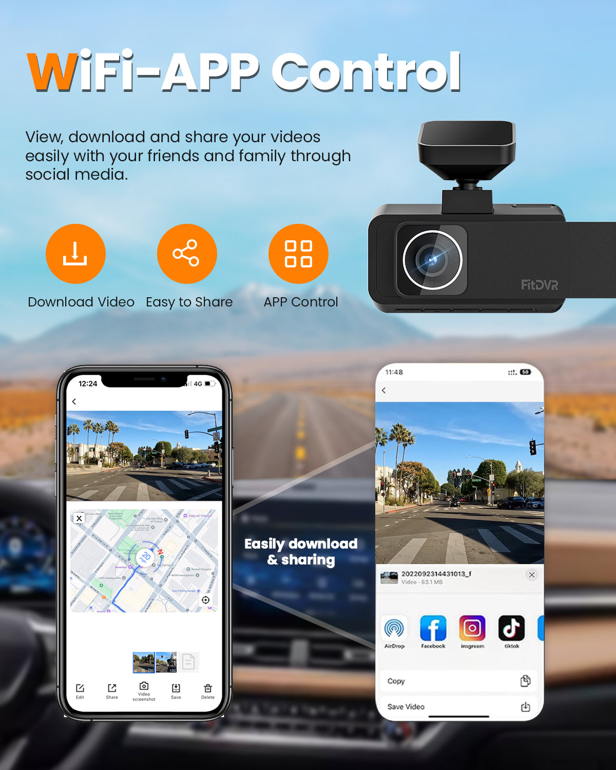 Shows that Fitdvr 3 channel dash cam with WiFi-APP control feature, easily downloadand share video.