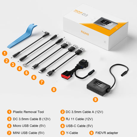 Set of cables and tools with a FitDVR adapter, including a plastic removal tool and various cable types, on a white background.