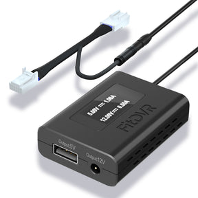 Black electronic FitDVR power adapter with cables on a white background