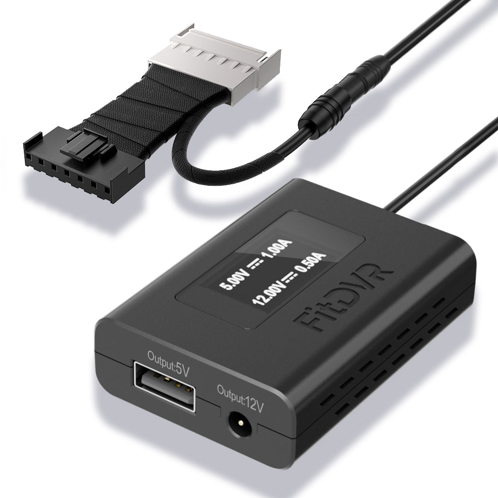 A black FitDVR dash cam power adapter with multiple cables, including a auto-dimming rearview mirror 7-pin connector, USB cables, and a 3.5mm DC cable.
