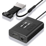 A black FitDVR dash cam power adapter with multiple cables, including a auto-dimming rearview mirror 7-pin connector, USB cables, and a 3.5mm DC cable.