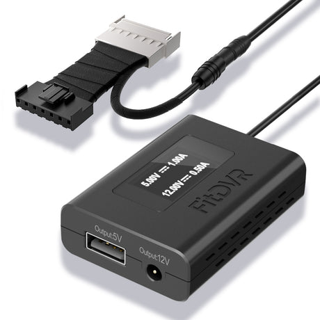 A black FitDVR dash cam power adapter with multiple cables, including a auto-dimming rearview mirror 7-pin connector, USB cables, and a 3.5mm DC cable.
