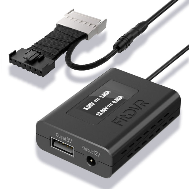 A black FitDVR dash cam power adapter with multiple cables, including a auto-dimming rearview mirror 7-pin connector, USB cables, and a 3.5mm DC cable.