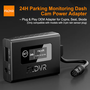 FitDVR 24h parking monitoring dash cam power adapter on a dark background