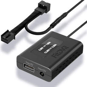 A black FitDVR dash cam power adapter with multiple output ports for USB and a DC 3.5mm cable, designed for Porsche vehicles.
