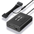 Black power adapter with multiple outputs on a white background
