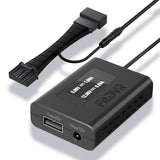 Black power adapter with multiple outputs on a white background