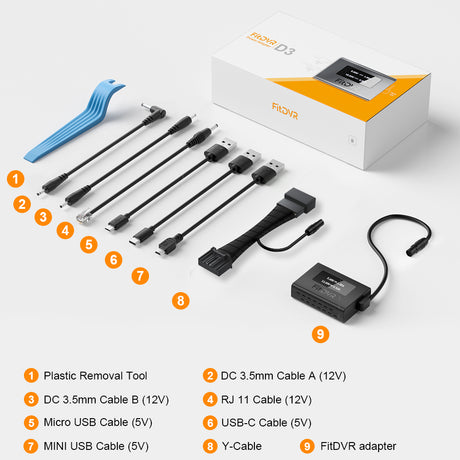 FIDVR product set with cables and adapter on a white background