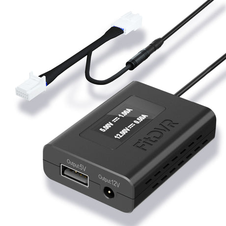 A black FitDVR dash cam power adapter with 12-pin Y cable harness, a USB port and a DC3.5mm port.