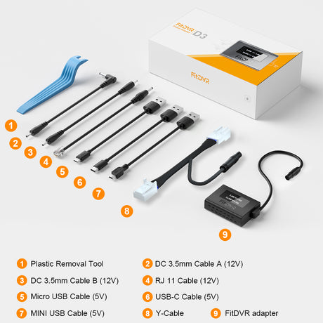 Set of cables and tools with a FitDVR adapter, including a plastic removal tool and various cable types, on a white background.