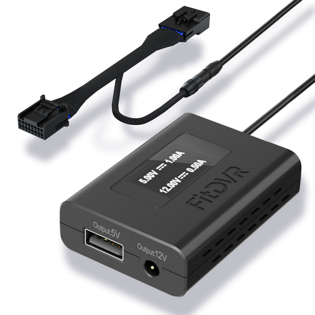 A black FitDVR dash cam power adapter with multiple cables, including a 16-pin connector for Toyota and Lexus vehicles.