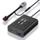 Black power adapter with multiple output ports on a white background