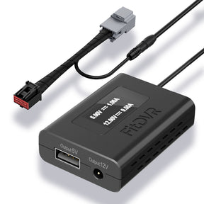 Black power adapter with multiple output ports on a white background
