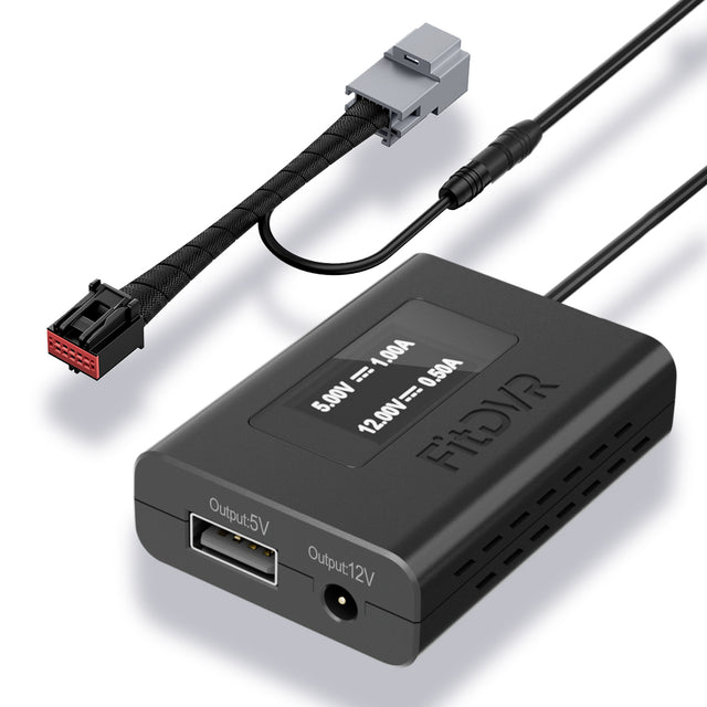 Black power adapter with multiple output ports on a white background