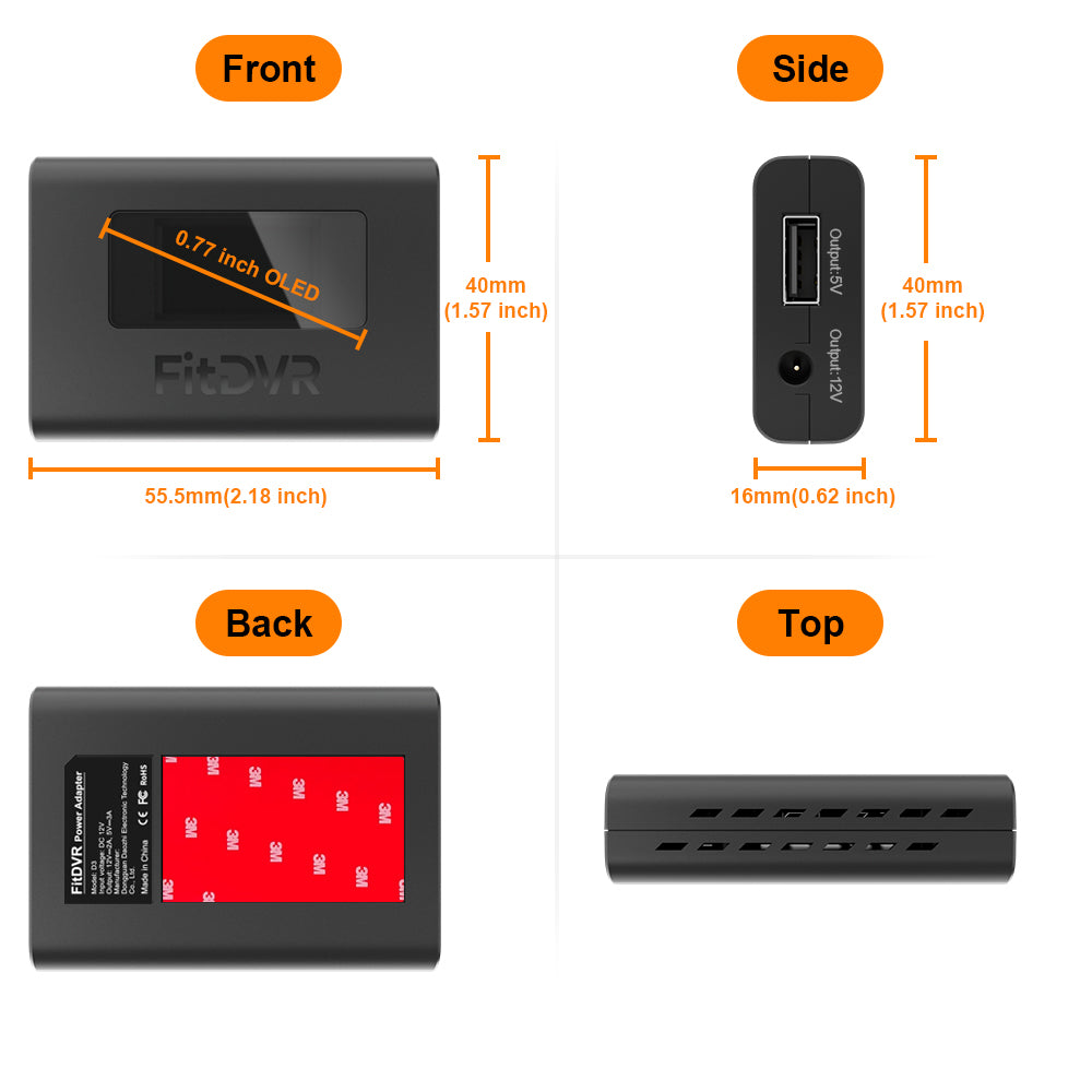 A picture shows different angles and the size of FitDVR dash cam power adapter.