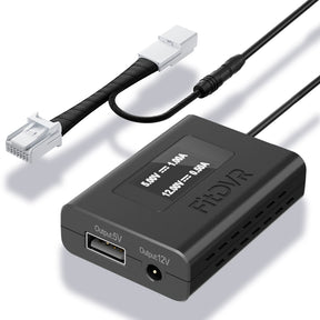 Black electronic power adapter with cables on a white background