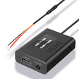 A black FitDVR universal dash cam power adapter with multiple cables, showing USB outputs and a built-in LED display.