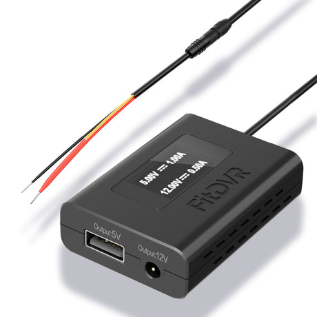 A black FitDVR universal dash cam power adapter with multiple cables, showing USB outputs and a built-in LED display.
