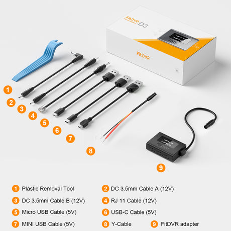FitDVR universal adapter set with tools and cables.