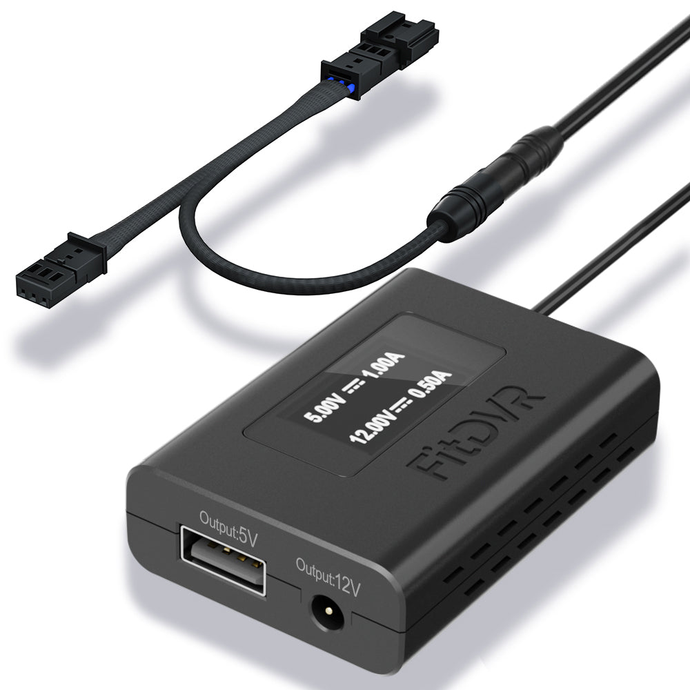 FitDVR power adapter with multiple connectors on a white background