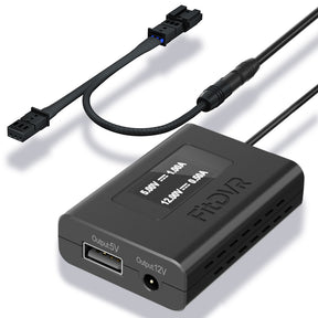FitDVR power adapter with multiple connectors on a white background