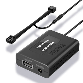 A black FitDVR dash cam power adapter with multiple cables, including a USB and a DC3.5mm cable, for connecting to a rearview mirror.