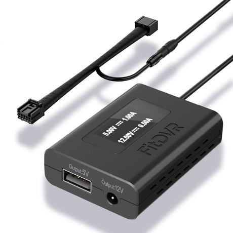 A black FitDVR dash cam power adapter with multiple cables, including a USB and a DC3.5mm cable, for connecting to a rearview mirror.