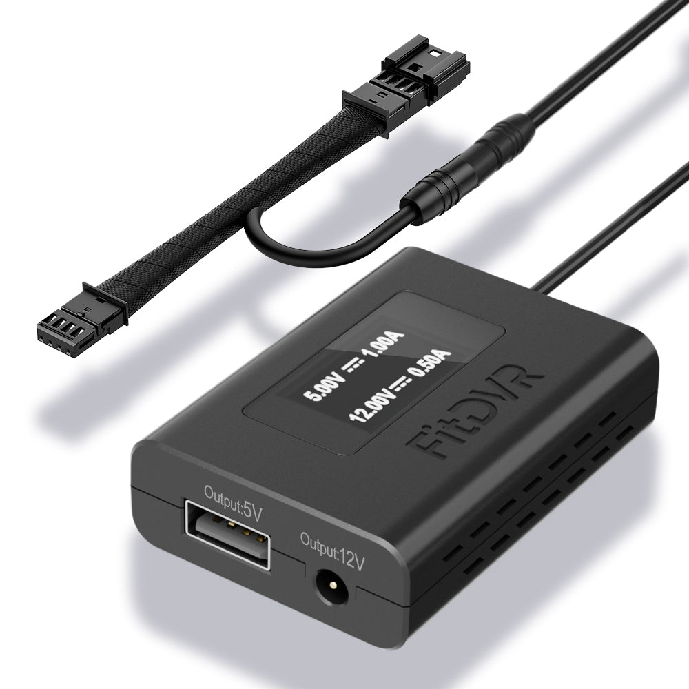 A black FitDVR dash cam power adapter with multiple cables for different device connections, including a USB and DC3.5mm cables.