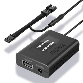 A black FitDVR dash cam power adapter with multiple cables for different device connections, including a USB and DC3.5mm cables.