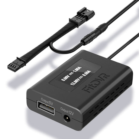 A black FitDVR dash cam power adapter with multiple cables for different device connections, including a USB and DC3.5mm cables.