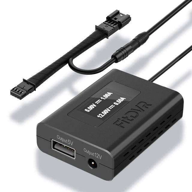 A black FitDVR dash cam power adapter with multiple cables for different device connections, including a USB and DC3.5mm cables.