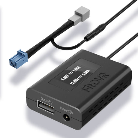 A black dash cam power adapter with an 8-pin connector for Acura MDX, including various cables and a LED display.